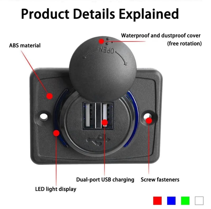 Bluejw Panel Mount Dual USB Car Charger Socket - 3.1A, 12V/24V Power Outlet Adapter w/ Cap & LED - Automobile Chargers, Quick Charge Dual Port for Cars - Image 4